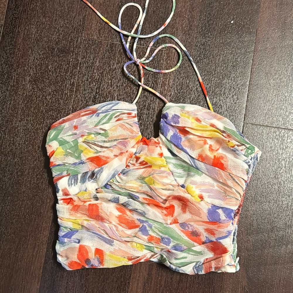 AQUA multicolor floral print halter crop top size xs